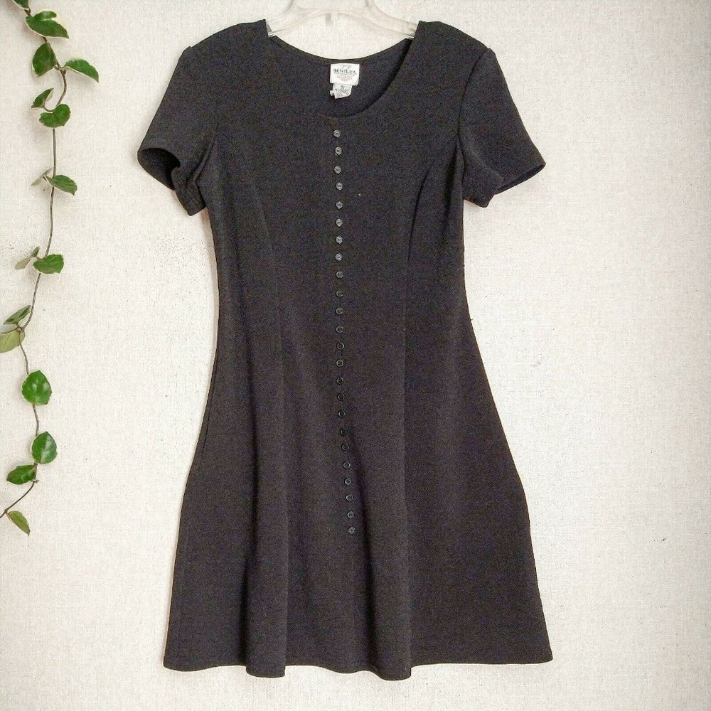 Vintage Bentley Black Short Sleeve A Line Flattering Button Front Dress Size 10